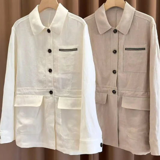 Veste Lin Perlé en blanc et beige avec poches et boutons | SuzzaneMarket