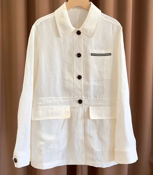 Veste Lin Perlé YOLI en lin blanc avec 4 boutons et poches appliquées | SuzzaneMarket