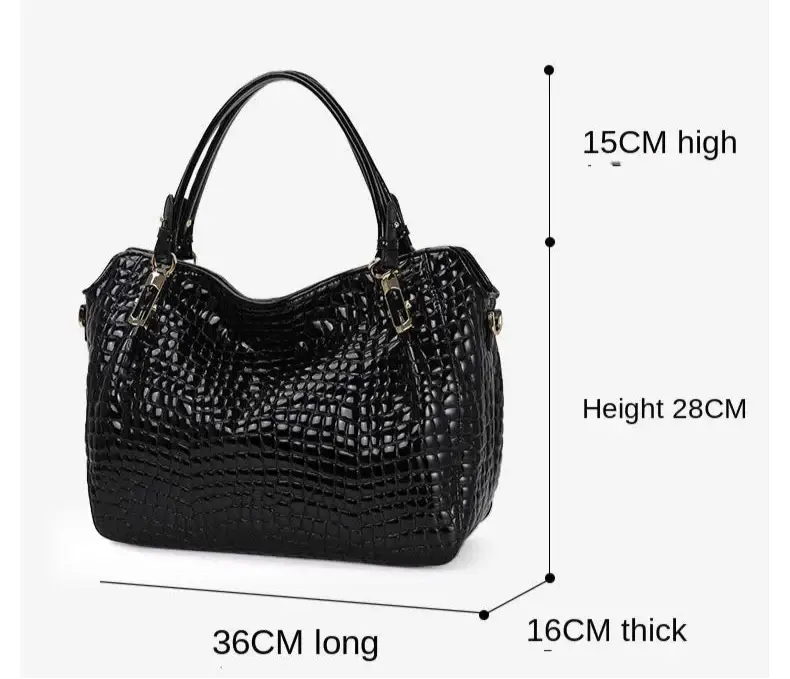 Sac Tote Cuir Croco ATHA Noir, grand sac cabas en cuir pleine peau, impression crocodile, SuzzaneMarket.