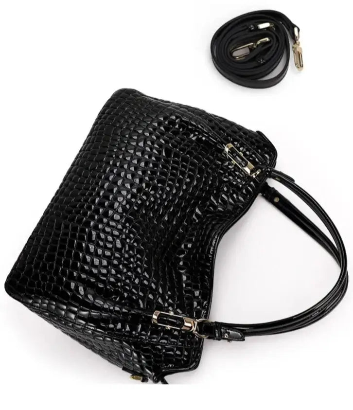 Sac tote cuir croco noir, grand sac cabas avec nombreux rangements et anse, SuzzaneMarket.