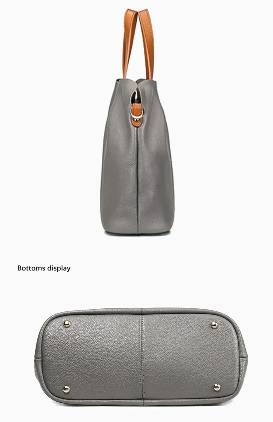 Sac shopping en cuir grainé gris avec anses en cuir marron, vue de dos et du dessous.
