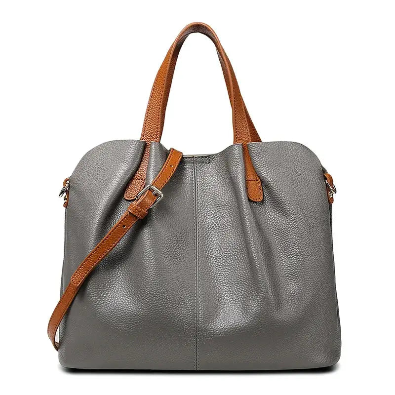 Sac shopping en cuir grainé gris avec double anse et bride d'épaule, grand capacité, style élégant.
