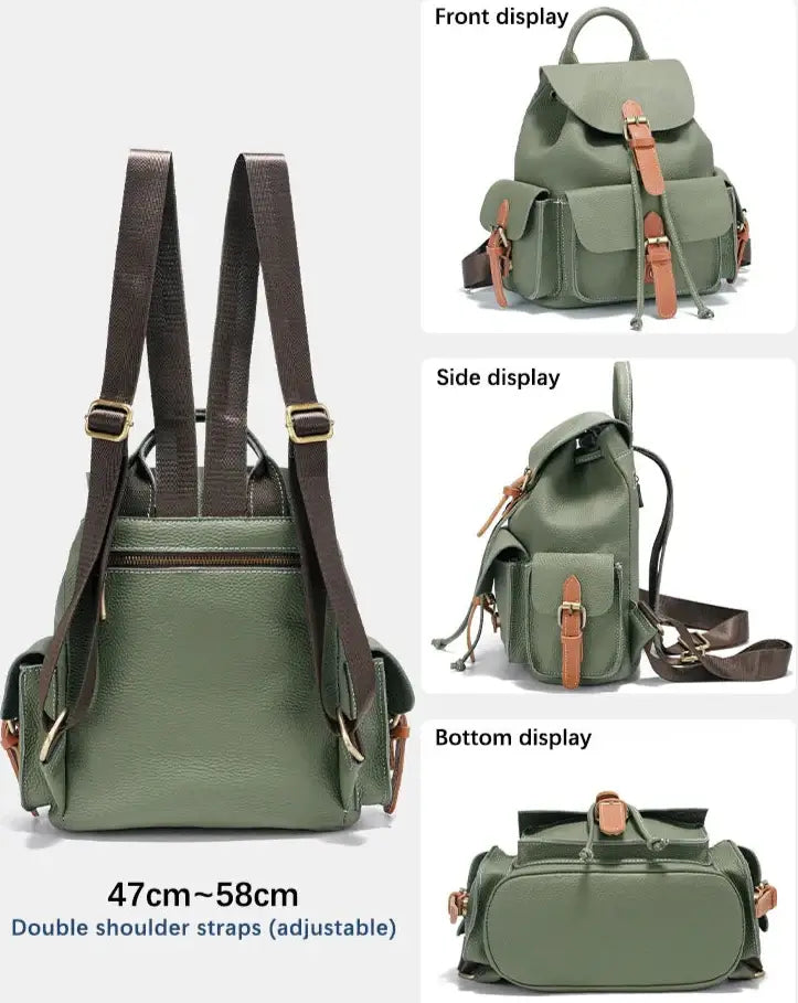 Sac à dos cuir grainé CAMPER en vert, avec poches extérieures et compartiments intérieurs - Suzzanemarket