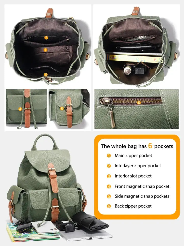 Sac à Dos Cuir Grainé CAMPER en vert, 6 poches, idéal pour le camping - Suzzanemarket.