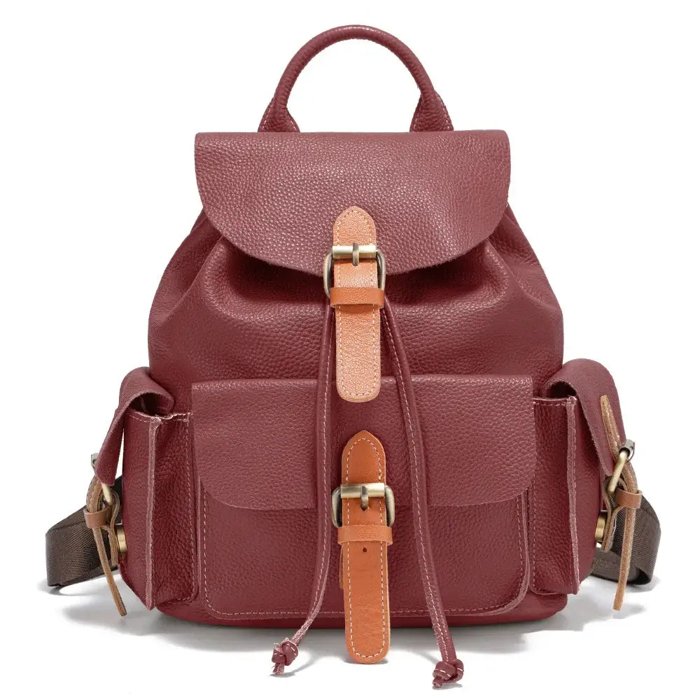 Sac à Dos Cuir Grainé CAMPER en bordeaux avec poches extérieures et compartiments intérieurs, Suzzanemarket.