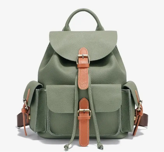 Sac à dos en cuir grainé vert avec poches extérieures, idéal pour camping - Suzzanemarket, 6 couleurs disponibles.
