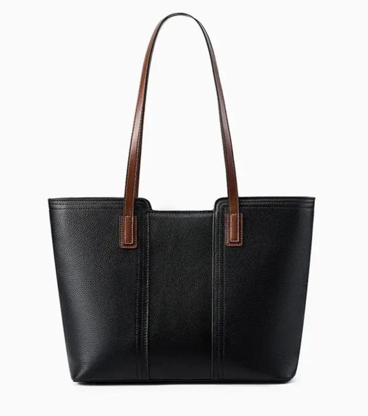 Sac tote cuir grainé noir avec double anse longue et poches intérieures, idéal pour un usage quotidien.