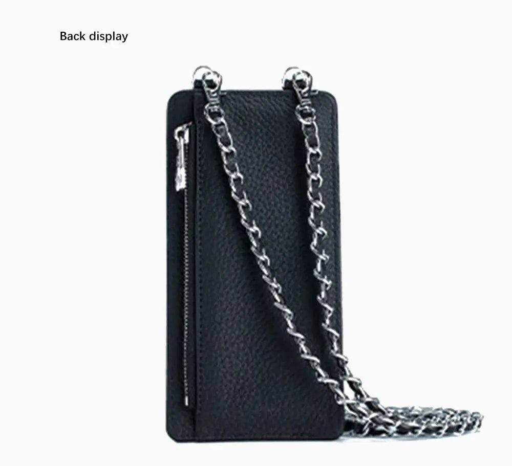 Pochette Téléphone Cuir -CYLA- vue arrière, avec chaîne argentée et lanière de cuir, idéale pour téléphone et cartes.
