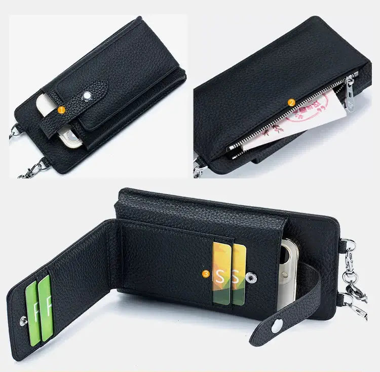 Pochette Téléphone Cuir -CYLA- en noir, avec poches pour cartes et compartiments pour préserver votre téléphone et argent.