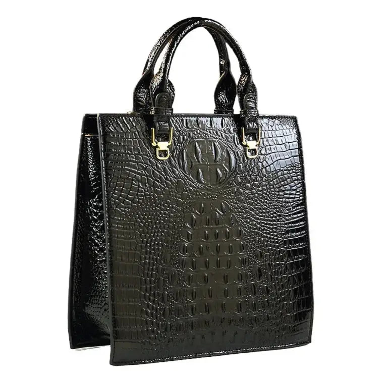 Sac Tote Cuir Croco noir structuré, double anse, intérieur doublé - SuzzaneMarket