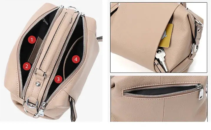 Sac Boston en cuir grainé avec zip et poches intérieures, disponible en 5 couleurs.