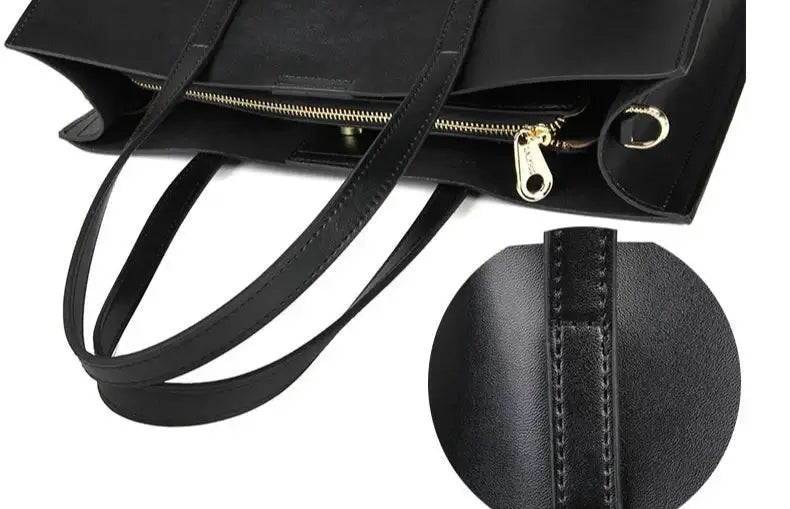 Sac Tote Cuir Lisse FARA, grand sac noir en cuir pleine fleur avec poches intérieures, SuzzaneMarket.