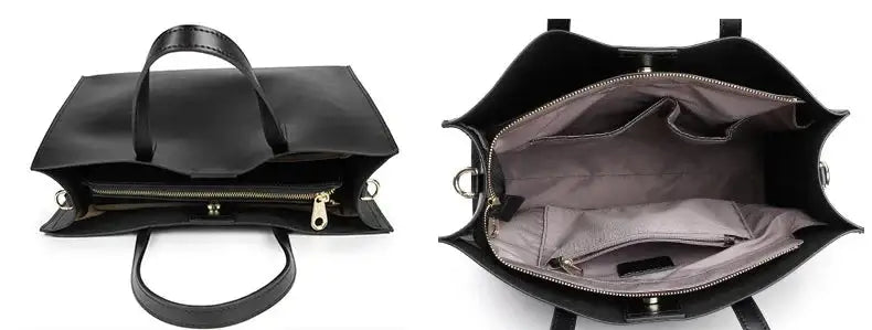 Sac tote cuir lisse FARA noir, grand fourre-tout avec poches intérieures. Double poignée et sangle d'épaule. SuzzaneMarket.