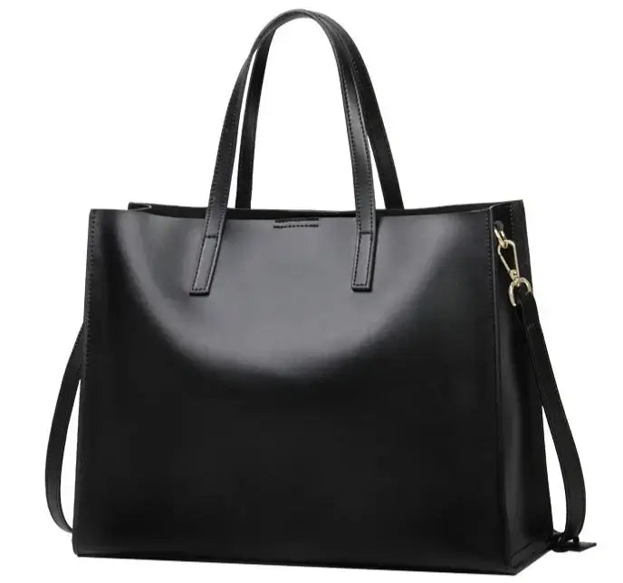 Sac Tote Cuir Lisse FARA en noir, grand sac fourre-tout avec double poignée et sangle, SuzzaneMarket.