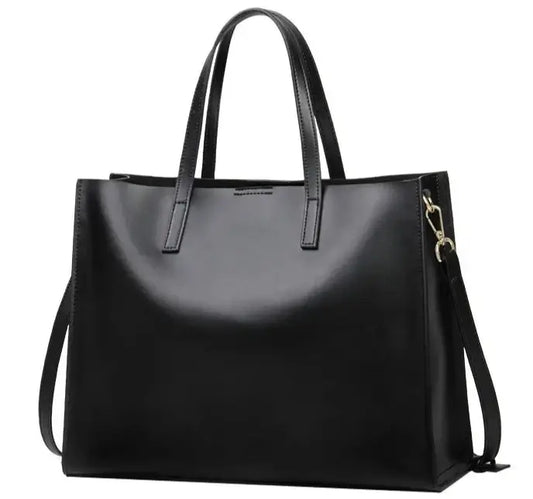 Sac Tote Cuir Lisse FARA en noir, grand sac fourre-tout avec double poignée et sangle, SuzzaneMarket.
