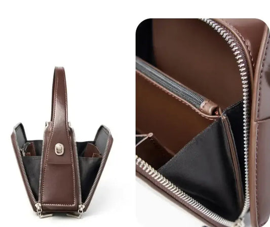 Sac Messenger Cuir Lisse IBBA - vue intérieure et extérieure, couleur marron. Anse et poches intérieures. SuzzaneMarket.