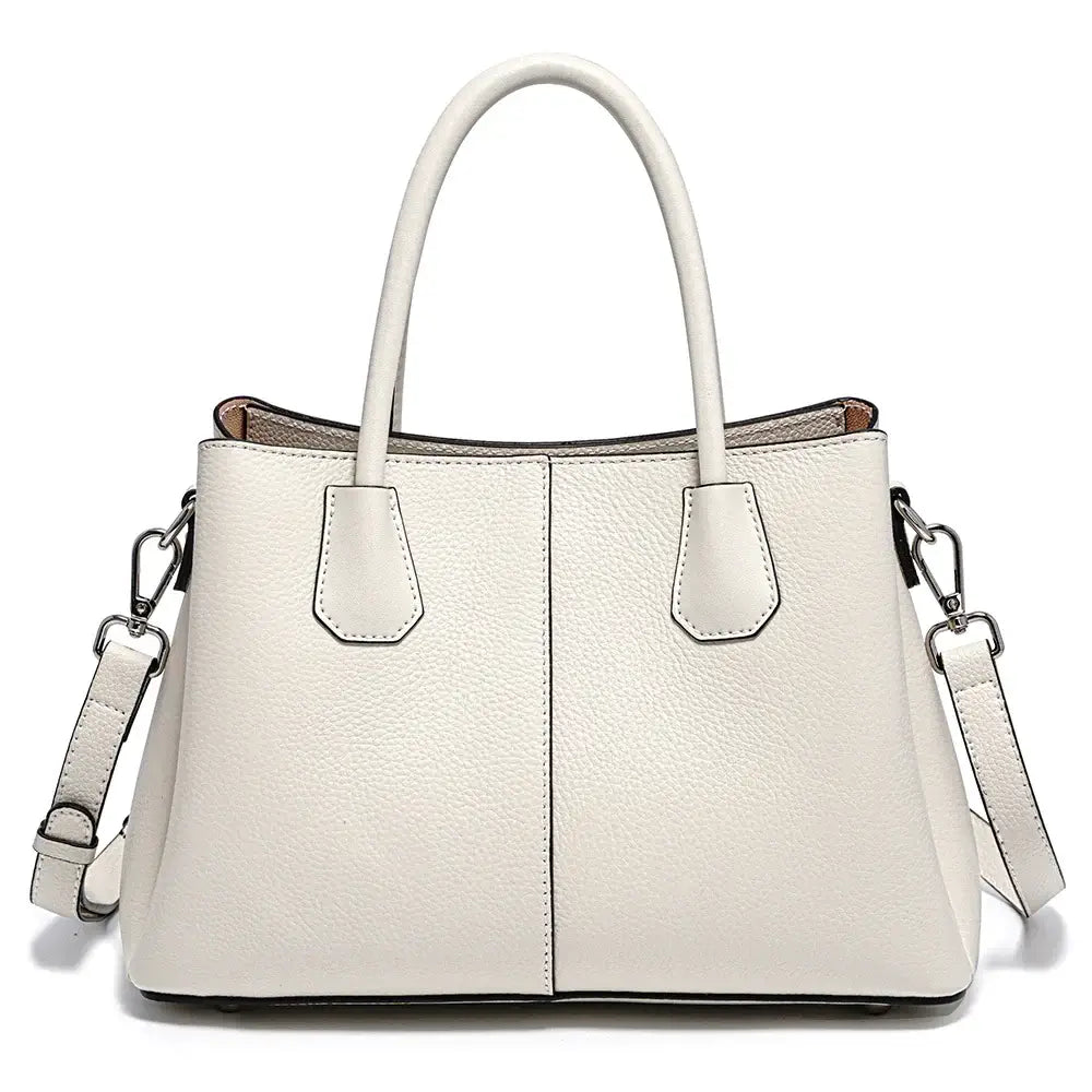 Sac Tote Cuir Grainé MILES en blanc avec anses et bride d'épaule, poches intérieures organisées.