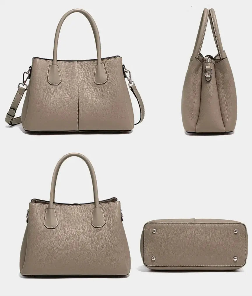 Sac Tote Cuir Grainé -MILES- en beige, avec fermeture zipper, anses et bride d'épaule, compartiments intérieurs.
