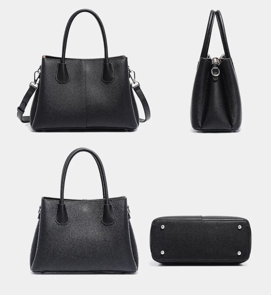 Sac Tote Cuir Grainé MILES en noir avec anses, bride d'épaule, poches intérieures, fermeture zipper et clips.