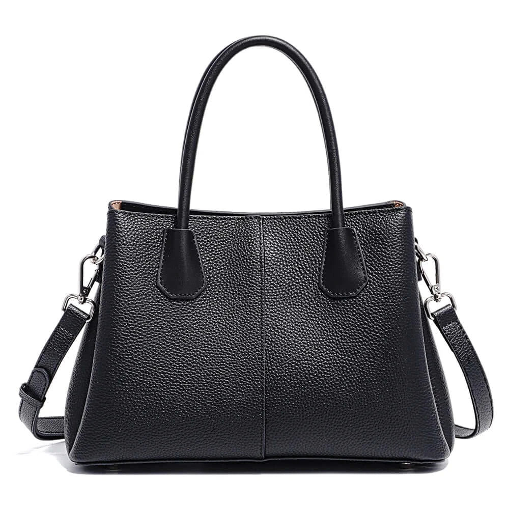 Sac tote en cuir grainé noir avec deux anses et bride d'épaule, charmant et organisé avec grandes poches intérieures.