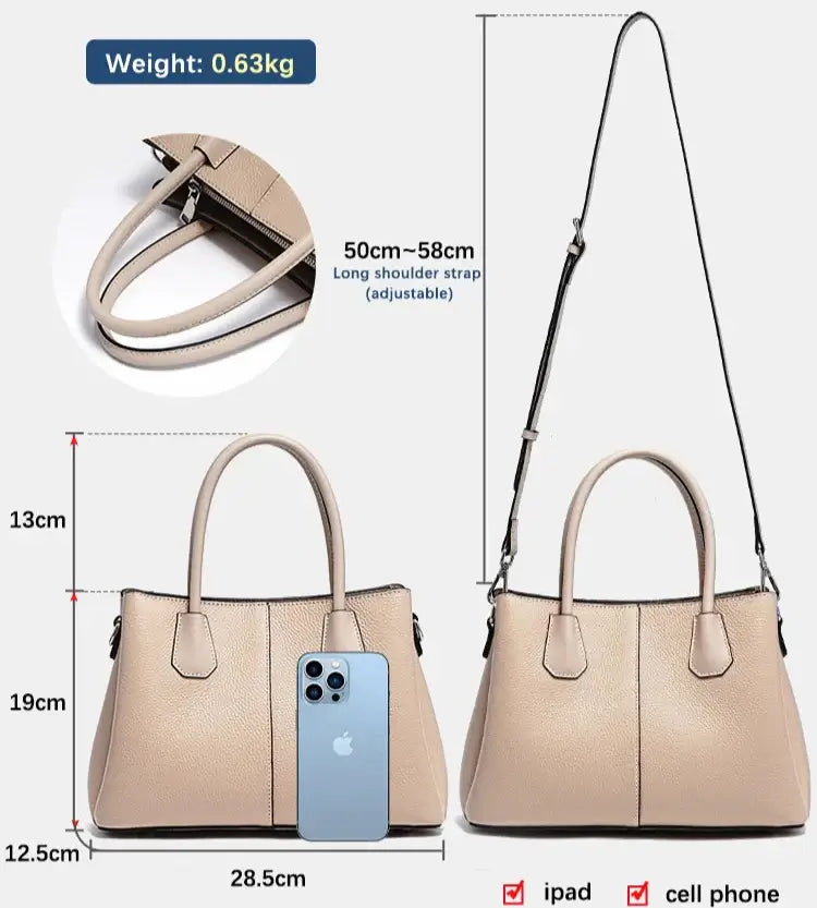 Sac Tote Cuir Grainé MILES, grand cabas beige avec anses, bride d'épaule, poches intérieures, fermeture zipper.