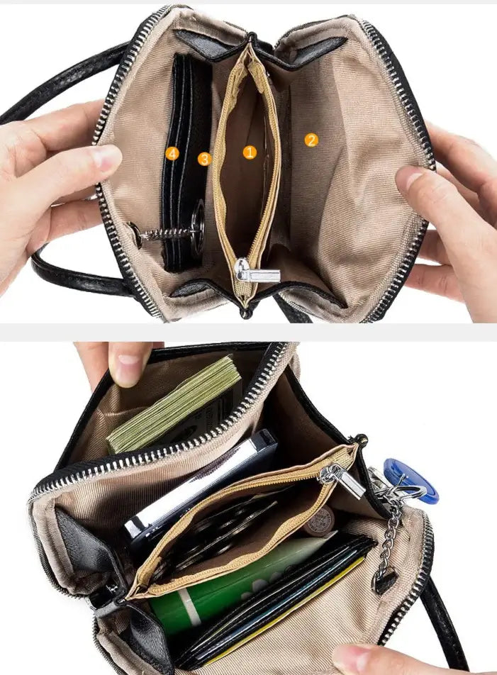Interior view of Sac Pochette Cuir Grainé -POKY showing multiple compartments and pockets for organized storage.
