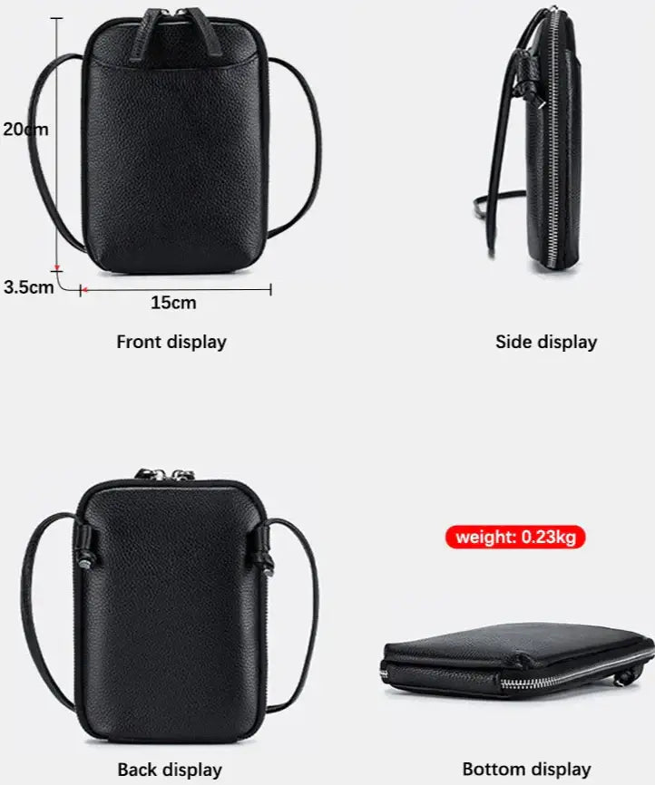Sac pochette en cuir grainé noir avec plusieurs angles de vue, dimensions et poids de 0.23kg, design pratique et élégant.