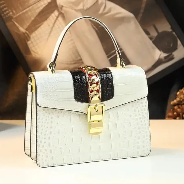 Sac Messenger Cuir Croco blanc avec poignée classique et fermeture rabat - SuzzaneMarket