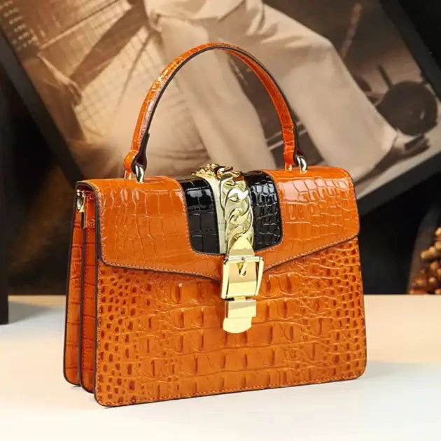 Sac Messenger en cuir croco orange avec poignée classique et fermeture rabat - SuzzaneMarket.