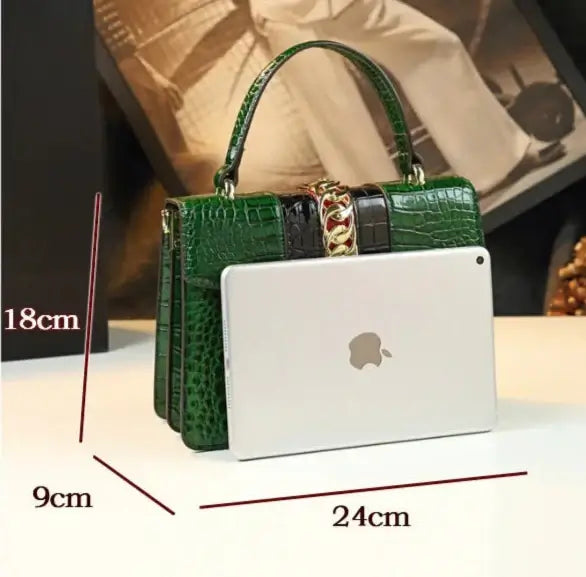 Sac Messenger Cuir Croco vert avec dimensions, sac vintage rigide en cuir, SuzzaneMarket.